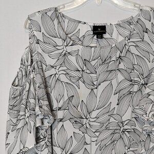 Women's WORTHINGTON, White/Black Floral, Cold Shoulder Chiffon Tunic; Size XLT